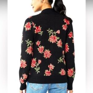 Draper James RSVP Black & Red Rose Button Down Sweater Cardigan Soft Classic